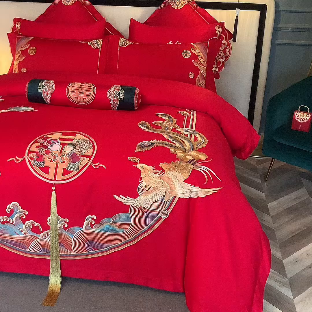 91家纺网 家纺一手货源 找家纺 甜咪咪婚庆 2026新款长绒棉全棉绣花结婚婚庆四件套多件套床单床盖款 龙凤传情