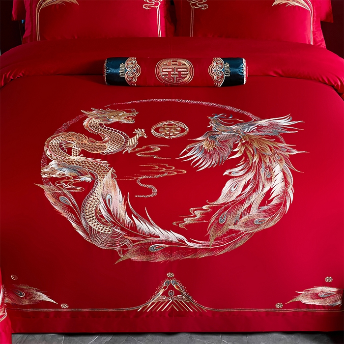 91家纺网 家纺一手货源 找家纺 甜咪咪婚庆 2026新款长绒棉全棉绣花结婚婚庆四件套多件套床单床盖款 龙凤美满