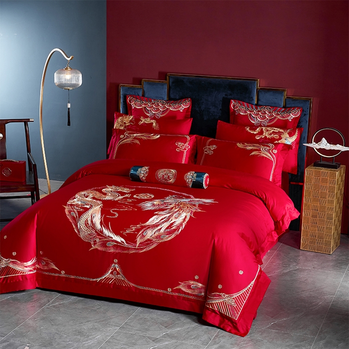 91家纺网 家纺一手货源 找家纺 甜咪咪婚庆 2026新款长绒棉全棉绣花结婚婚庆四件套多件套床单床盖款 龙凤美满