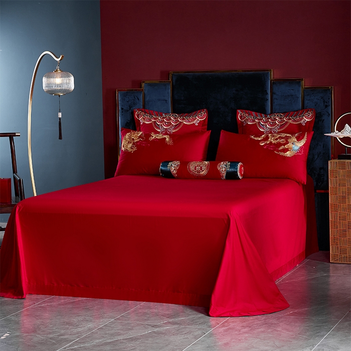 91家纺网 家纺一手货源 找家纺 甜咪咪婚庆 2026新款长绒棉全棉绣花结婚婚庆四件套多件套床单床盖款 龙凤美满