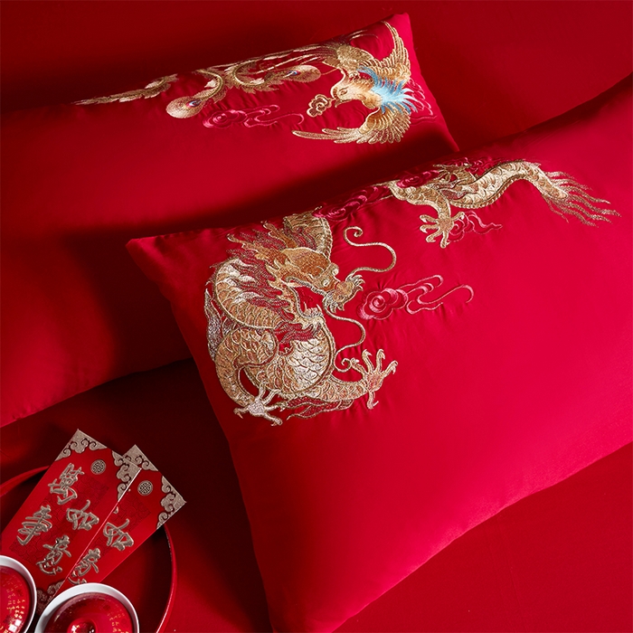 91家纺网 家纺一手货源 找家纺 甜咪咪婚庆 2026新款长绒棉全棉绣花结婚婚庆四件套多件套床单床盖款 龙凤美满