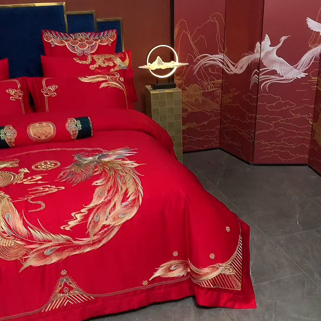 91家纺网 家纺一手货源 找家纺 甜咪咪婚庆 2026新款长绒棉全棉绣花结婚婚庆四件套多件套床单床盖款 龙凤美满