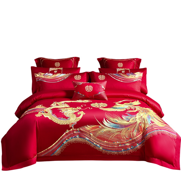 91家纺网 家纺一手货源 找家纺 甜咪咪婚庆 2026新款长绒棉全棉绣花结婚婚庆四件套多件套床单床盖款 鸾凤和鸣