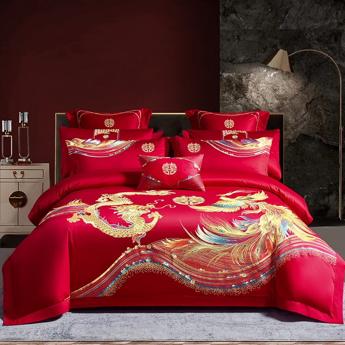 甜咪咪婚庆 2026新款长绒棉全棉绣花结婚婚庆四件套多件套床单床盖款 鸾凤和鸣