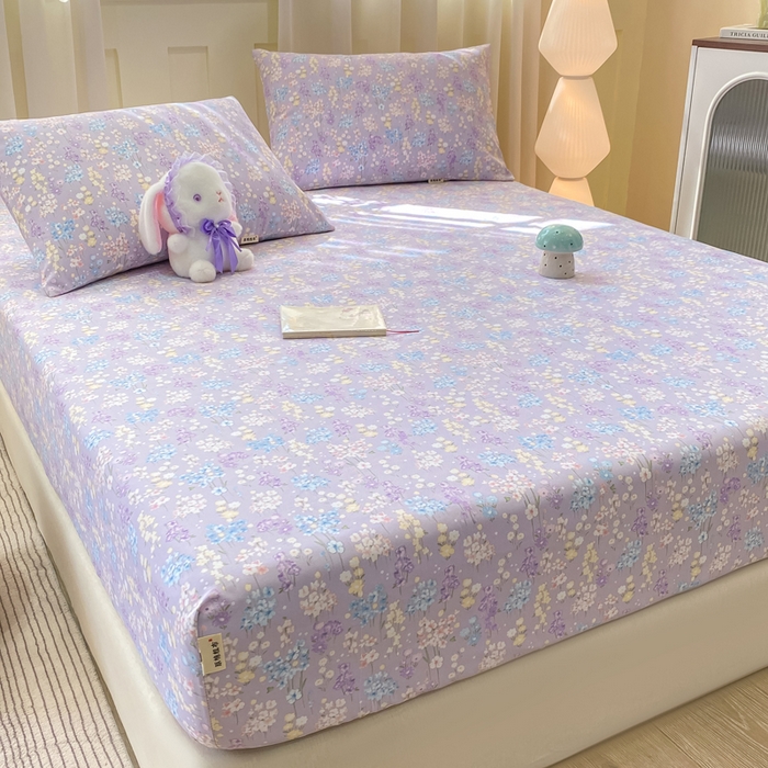 91家纺网 家纺一手货源 找家纺 优品惠 2026新款老粗布床笠凉席席子空调软席单品床垫保护套三件套 紫色花语