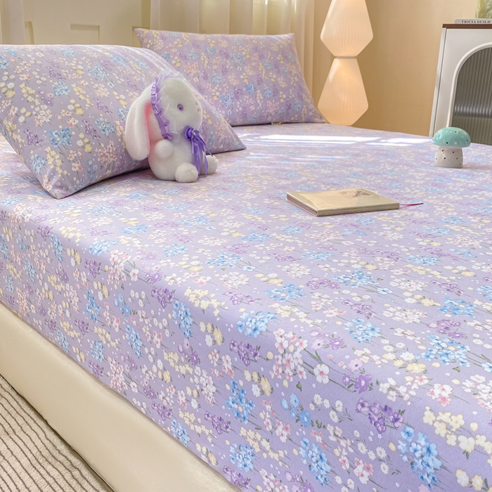 91家纺网 家纺一手货源 找家纺 优品惠 2026新款老粗布床笠凉席席子空调软席单品床垫保护套三件套 紫色花语