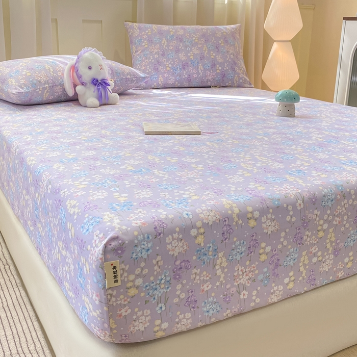 91家纺网 家纺一手货源 找家纺 优品惠 2026新款老粗布床笠凉席席子空调软席单品床垫保护套三件套 紫色花语