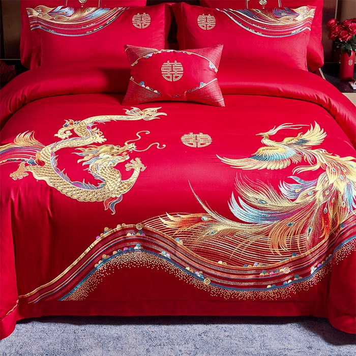 91家纺网 家纺一手货源 找家纺 甜咪咪婚庆 2026新款长绒棉全棉绣花结婚婚庆四件套多件套床单床盖款 鸾凤和鸣