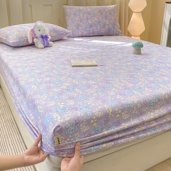 91家纺网 家纺一手货源 找家纺 优品惠 2026新款老粗布床笠凉席席子空调软席单品床垫保护套三件套 紫色花语