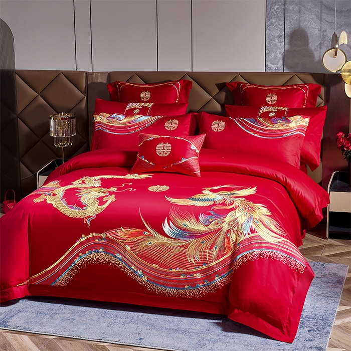 91家纺网 家纺一手货源 找家纺 甜咪咪婚庆 2026新款长绒棉全棉绣花结婚婚庆四件套多件套床单床盖款 鸾凤和鸣