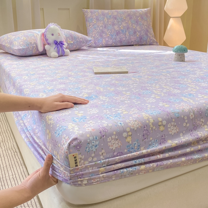 91家纺网 家纺一手货源 找家纺 优品惠 2026新款老粗布床笠凉席席子空调软席单品床垫保护套三件套 紫色花语