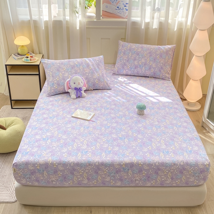 91家纺网 家纺一手货源 找家纺 优品惠 2026新款老粗布床笠凉席席子空调软席单品床垫保护套三件套 紫色花语