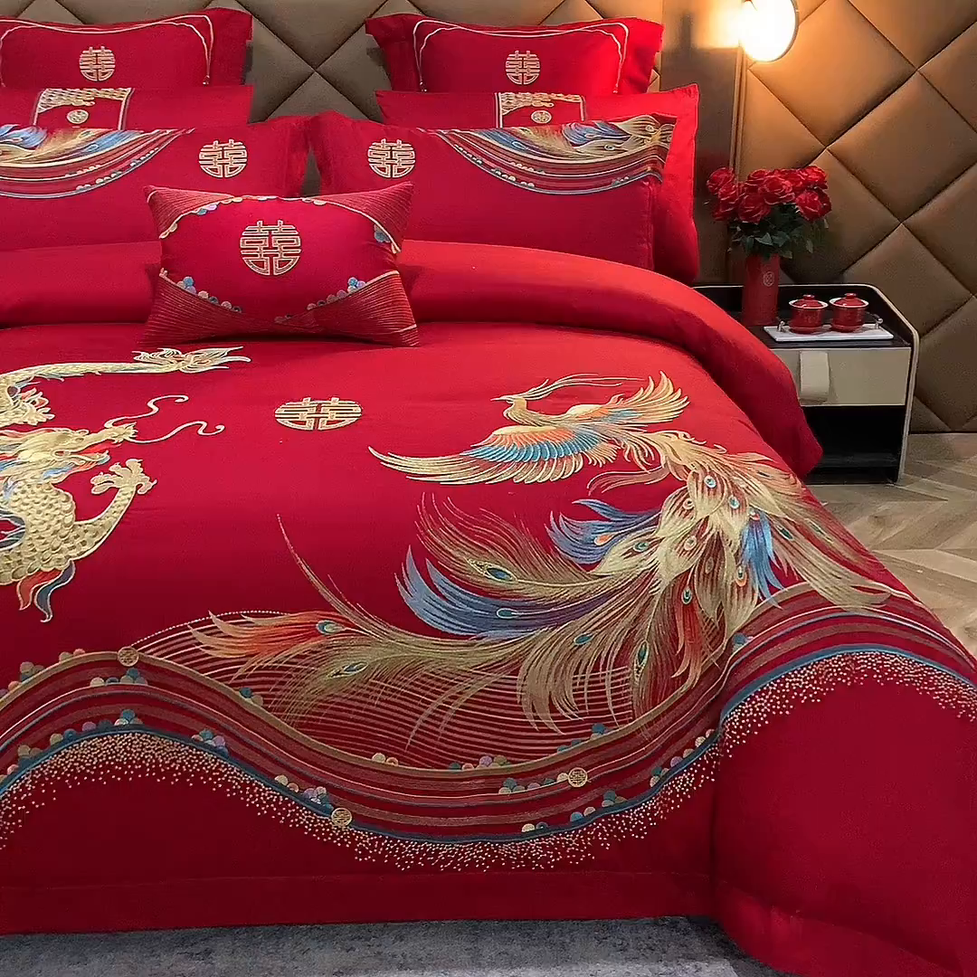 91家纺网 家纺一手货源 找家纺 甜咪咪婚庆 2026新款长绒棉全棉绣花结婚婚庆四件套多件套床单床盖款 鸾凤和鸣