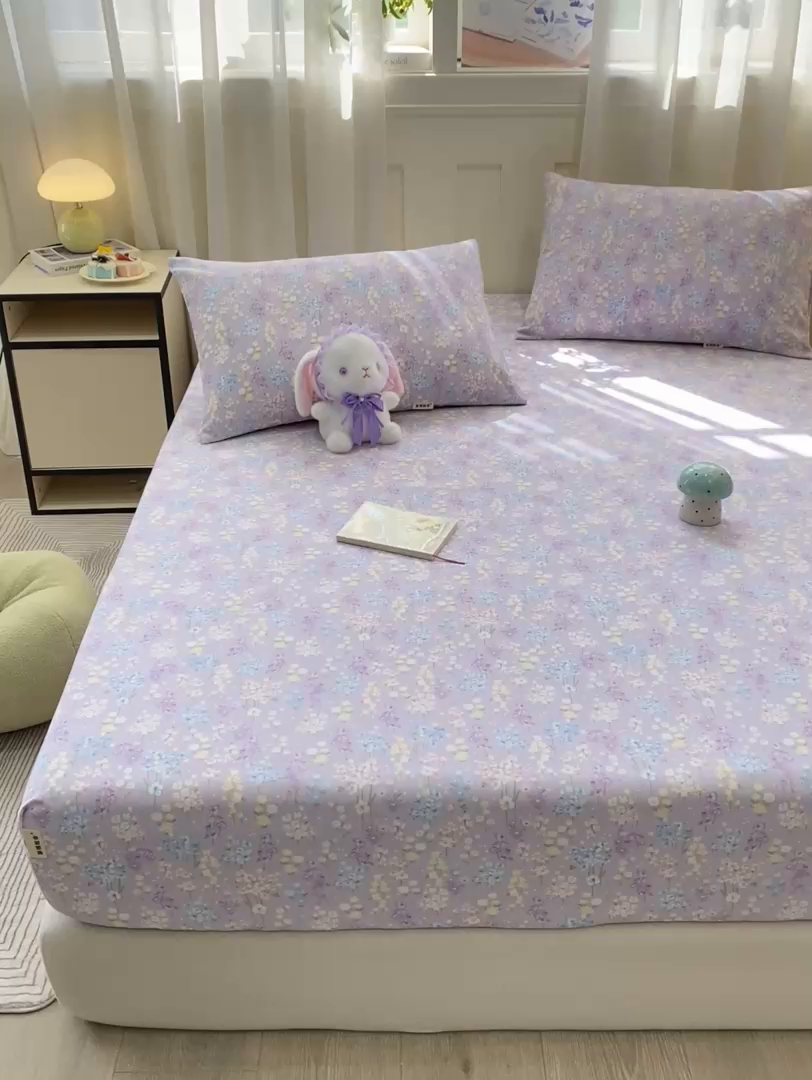 91家纺网 家纺一手货源 找家纺 优品惠 2026新款老粗布床笠凉席席子空调软席单品床垫保护套三件套 紫色花语