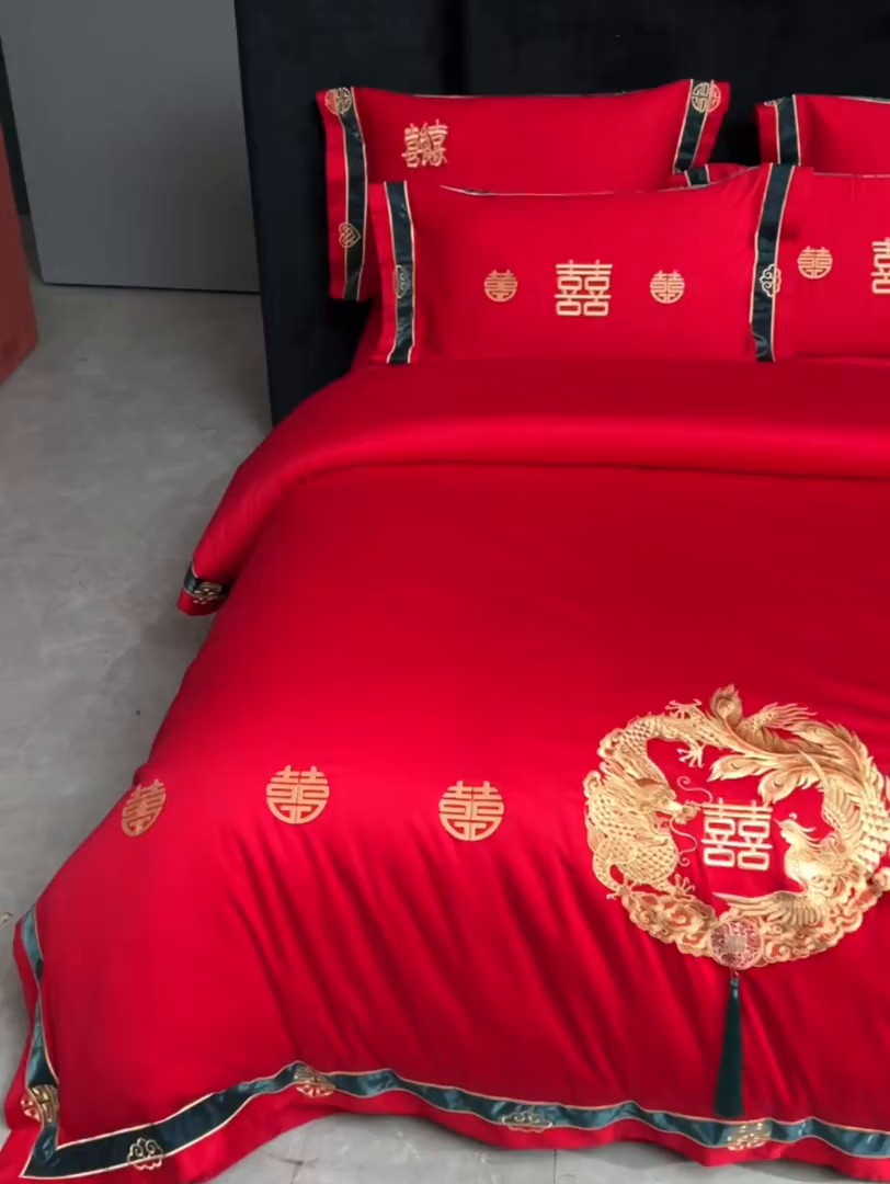 91家纺网 家纺一手货源 找家纺 甜咪咪婚庆 2026新款长绒棉全棉绣花结婚婚庆四件套多件套床单床盖款 钱多多