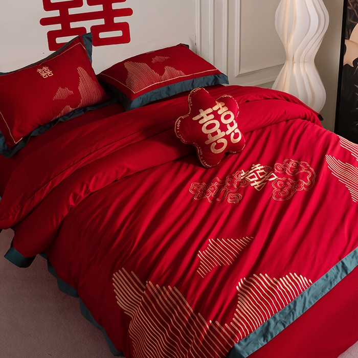 91家纺网 家纺一手货源 找家纺 甜咪咪婚庆 2026新款长绒棉全棉绣花结婚婚庆四件套多件套床单床盖款 山盟