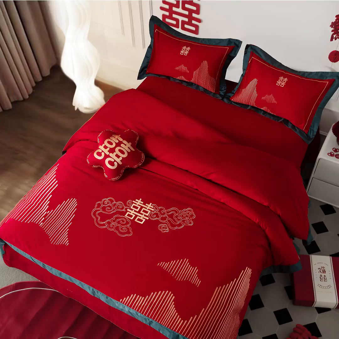 91家纺网 家纺一手货源 找家纺 甜咪咪婚庆 2026新款长绒棉全棉绣花结婚婚庆四件套多件套床单床盖款 山盟