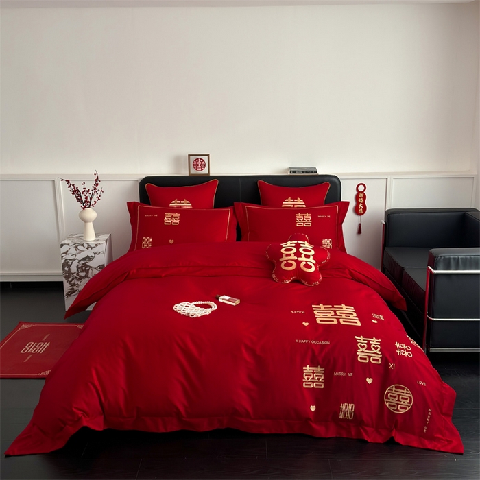 甜咪咪婚庆 2026新款长绒棉全棉绣花结婚婚庆四件套多件套床单床盖款 十全十美