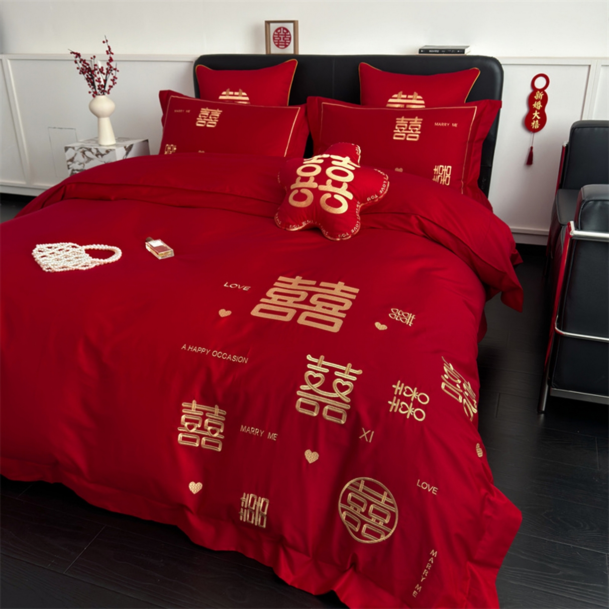 91家纺网 家纺一手货源 找家纺 甜咪咪婚庆 2026新款长绒棉全棉绣花结婚婚庆四件套多件套床单床盖款 十全十美