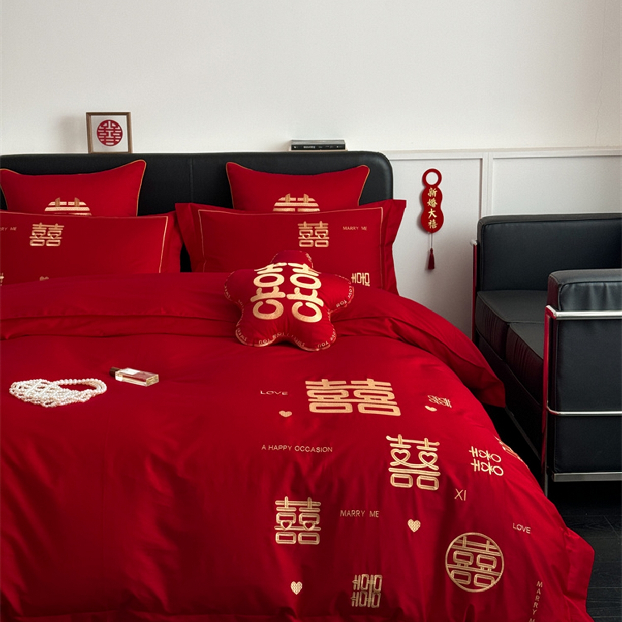 91家纺网 家纺一手货源 找家纺 甜咪咪婚庆 2026新款长绒棉全棉绣花结婚婚庆四件套多件套床单床盖款 十全十美