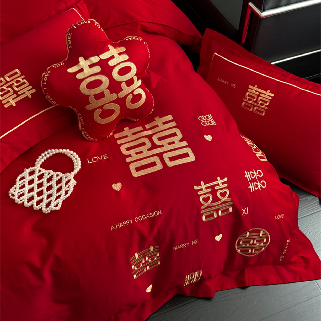 91家纺网 家纺一手货源 找家纺 甜咪咪婚庆 2026新款长绒棉全棉绣花结婚婚庆四件套多件套床单床盖款 十全十美