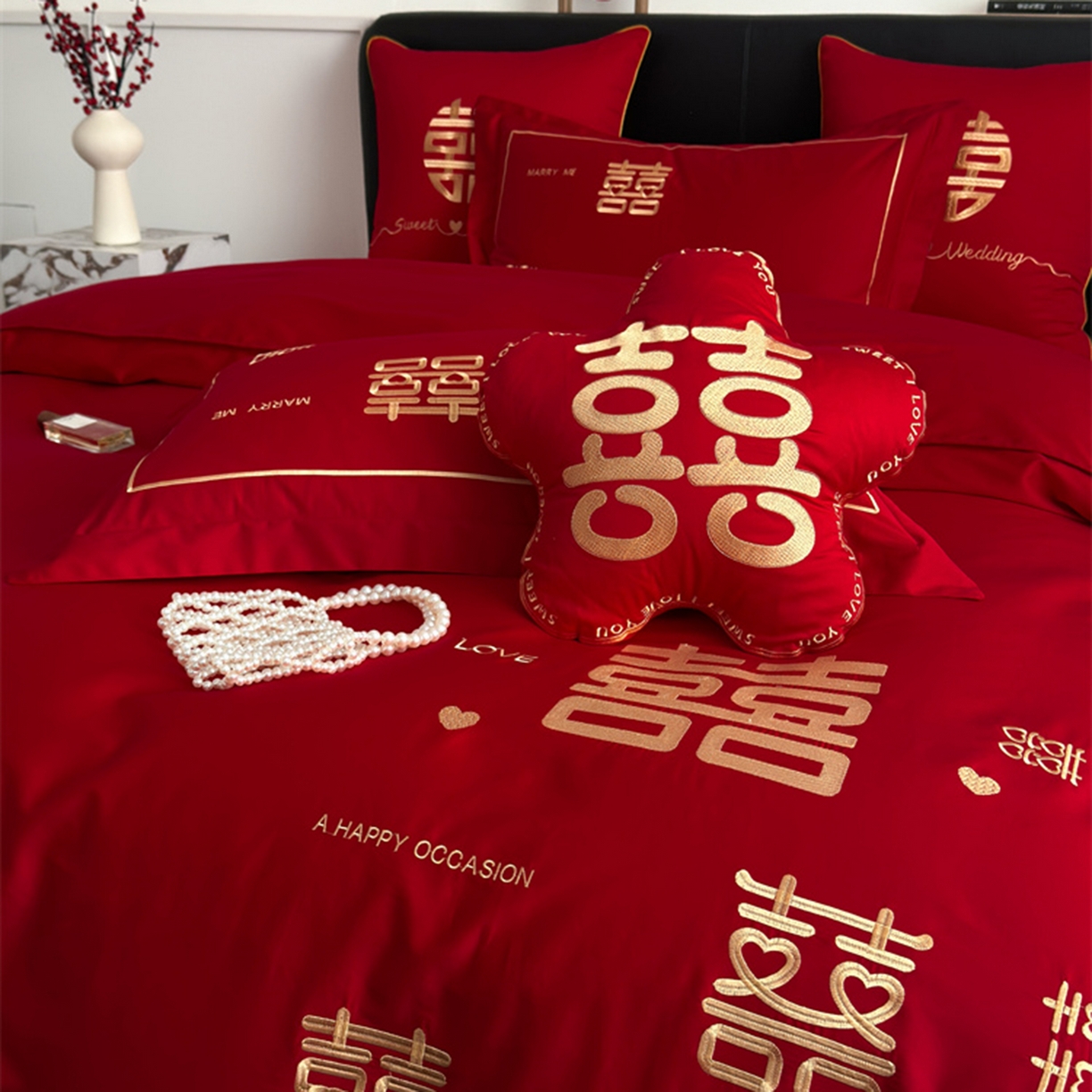 91家纺网 家纺一手货源 找家纺 甜咪咪婚庆 2026新款长绒棉全棉绣花结婚婚庆四件套多件套床单床盖款 十全十美