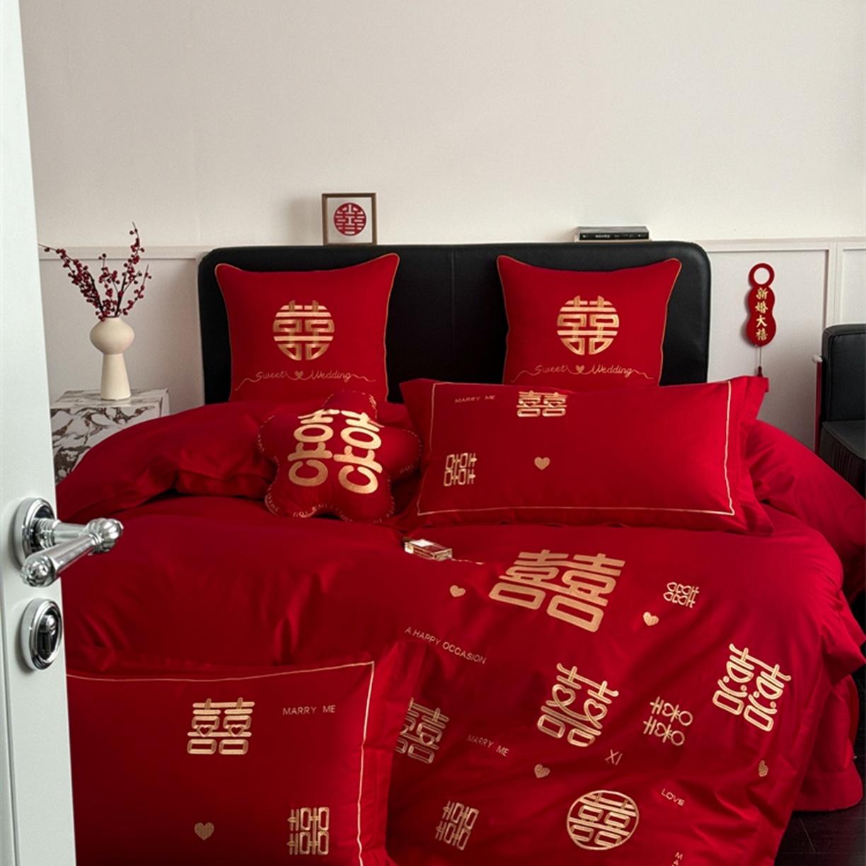 91家纺网 家纺一手货源 找家纺 甜咪咪婚庆 2026新款长绒棉全棉绣花结婚婚庆四件套多件套床单床盖款 十全十美