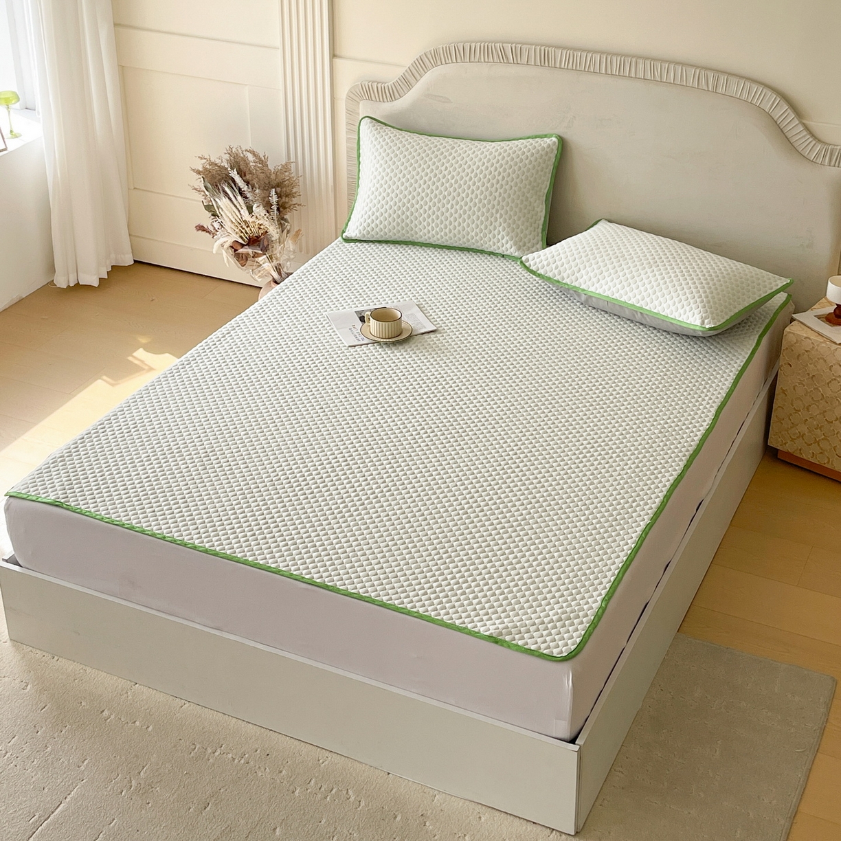 91家纺网 家纺一手货源 找家纺 莱米家纺 2026新款简约纯色凉豆豆床席款凉席 豆豆香草绿