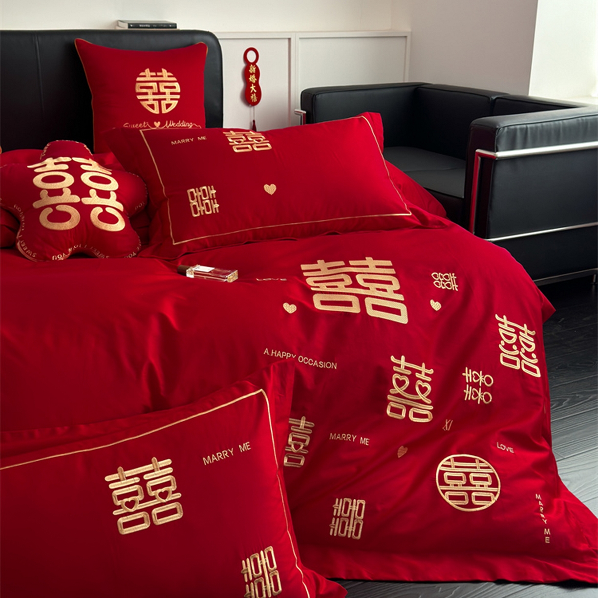 91家纺网 家纺一手货源 找家纺 甜咪咪婚庆 2026新款长绒棉全棉绣花结婚婚庆四件套多件套床单床盖款 十全十美