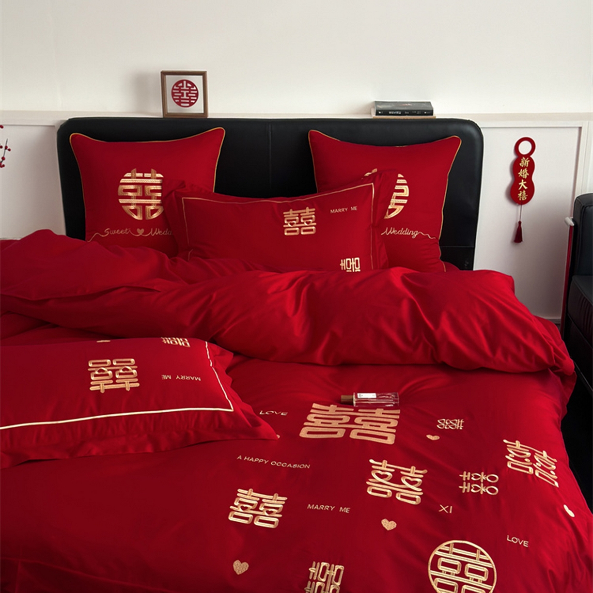 91家纺网 家纺一手货源 找家纺 甜咪咪婚庆 2026新款长绒棉全棉绣花结婚婚庆四件套多件套床单床盖款 十全十美