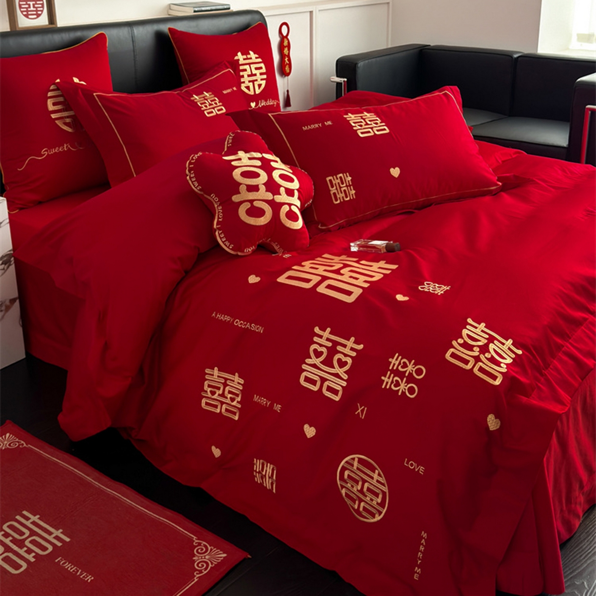 91家纺网 家纺一手货源 找家纺 甜咪咪婚庆 2026新款长绒棉全棉绣花结婚婚庆四件套多件套床单床盖款 十全十美