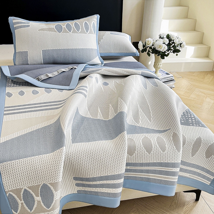 91家纺网 家纺一手货源 找家纺 宜派家纺  2026新款PE凉感席几何系列床单款 几何-蓝