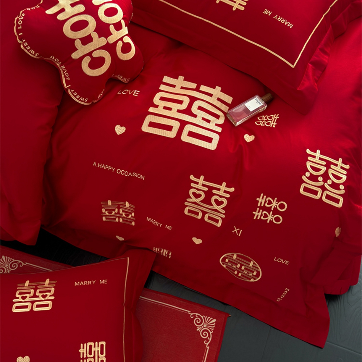 91家纺网 家纺一手货源 找家纺 甜咪咪婚庆 2026新款长绒棉全棉绣花结婚婚庆四件套多件套床单床盖款 十全十美