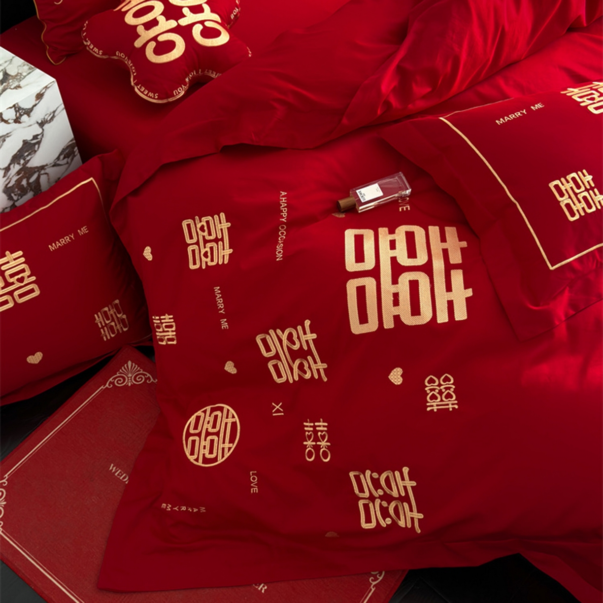 91家纺网 家纺一手货源 找家纺 甜咪咪婚庆 2026新款长绒棉全棉绣花结婚婚庆四件套多件套床单床盖款 十全十美