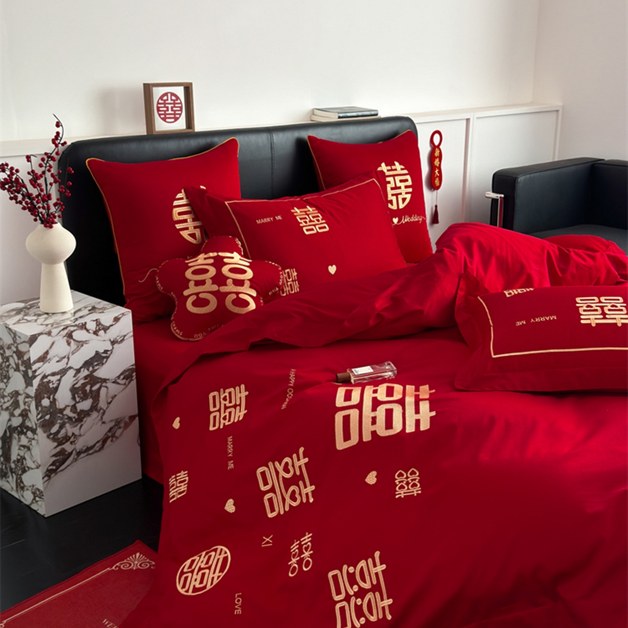 91家纺网 家纺一手货源 找家纺 甜咪咪婚庆 2026新款长绒棉全棉绣花结婚婚庆四件套多件套床单床盖款 十全十美