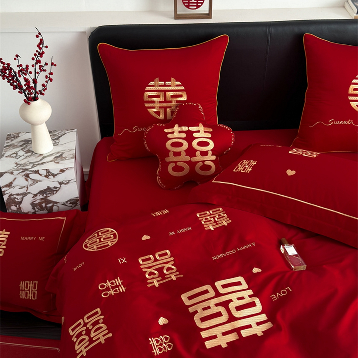 91家纺网 家纺一手货源 找家纺 甜咪咪婚庆 2026新款长绒棉全棉绣花结婚婚庆四件套多件套床单床盖款 十全十美