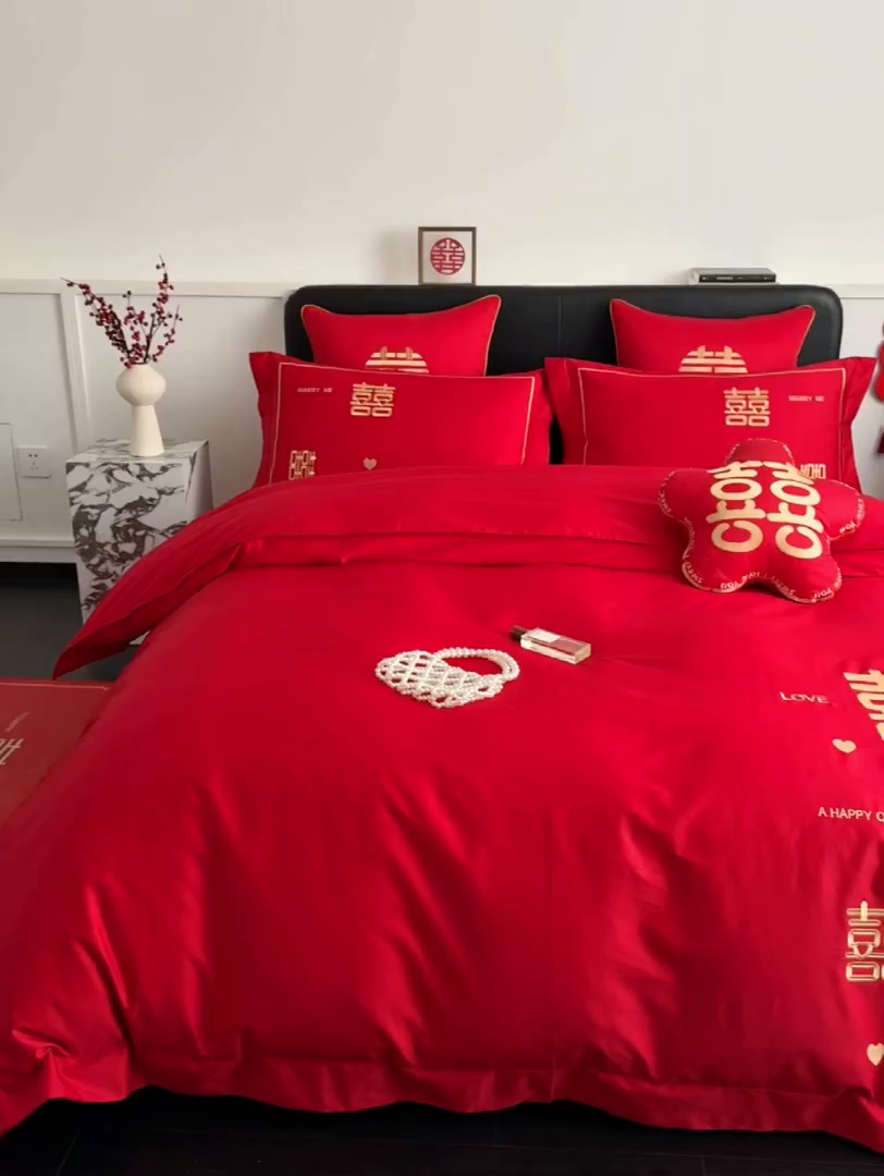 91家纺网 家纺一手货源 找家纺 甜咪咪婚庆 2026新款长绒棉全棉绣花结婚婚庆四件套多件套床单床盖款 十全十美