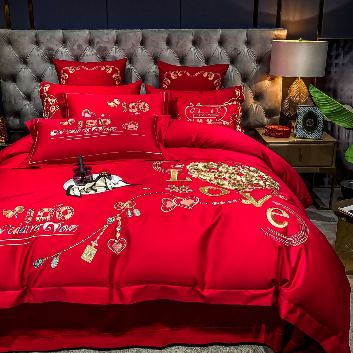 91家纺网 家纺一手货源 找家纺 甜咪咪婚庆 2026新款长绒棉全棉绣花结婚婚庆四件套多件套床单床盖款 甜蜜恋歌