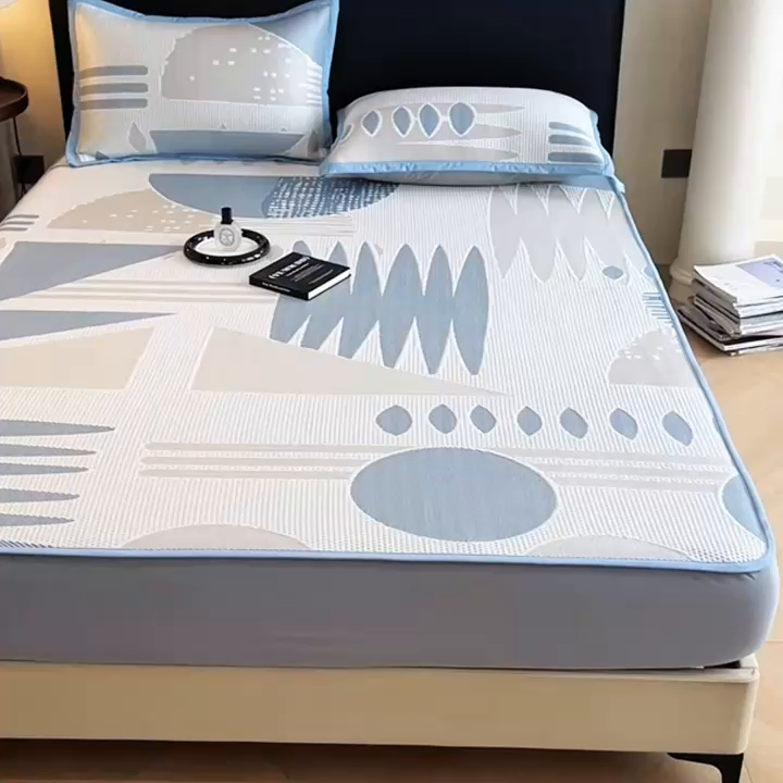 91家纺网 家纺一手货源 找家纺 宜派家纺  2026新款PE凉感席几何系列床单款 几何-蓝