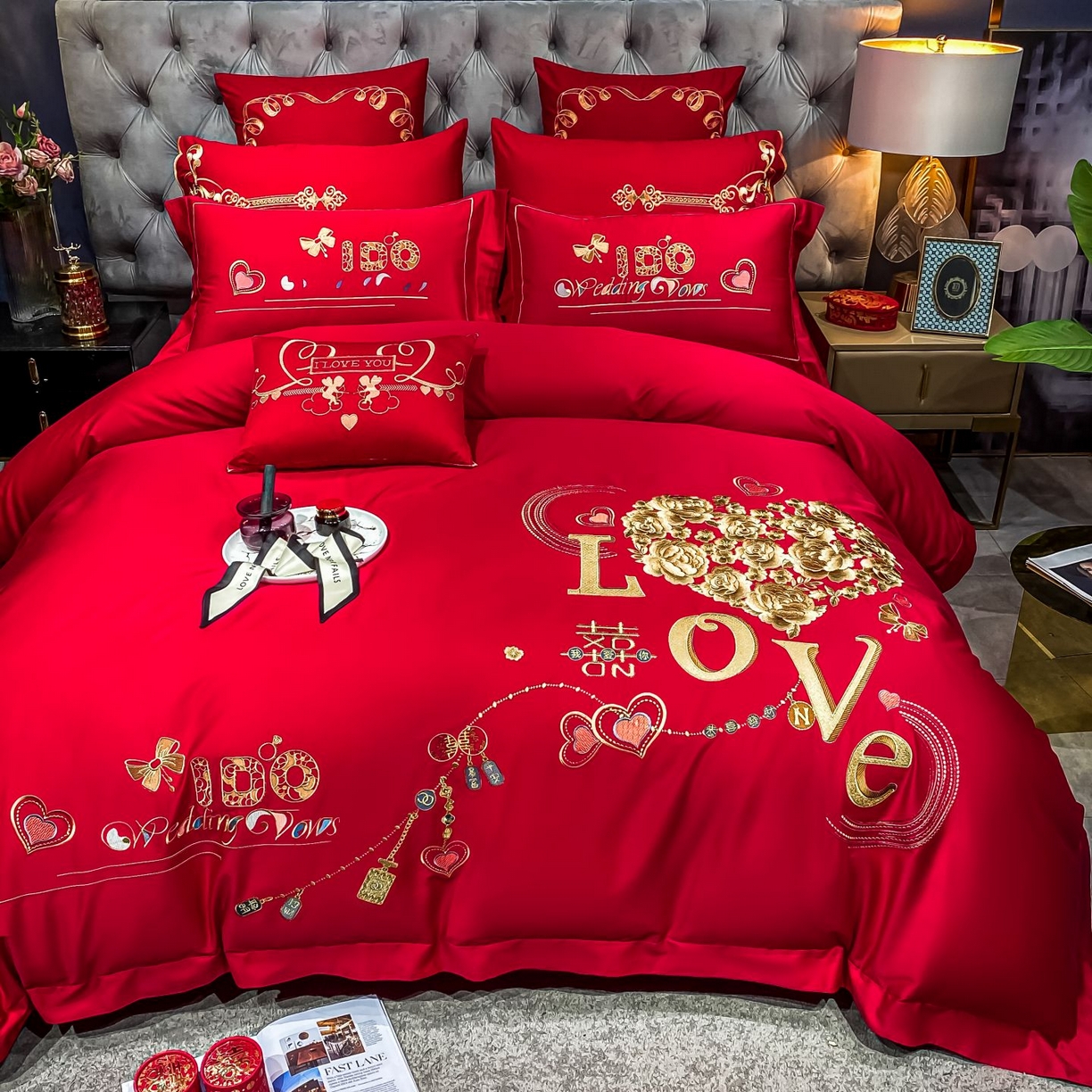 91家纺网 家纺一手货源 找家纺 甜咪咪婚庆 2026新款长绒棉全棉绣花结婚婚庆四件套多件套床单床盖款 甜蜜恋歌