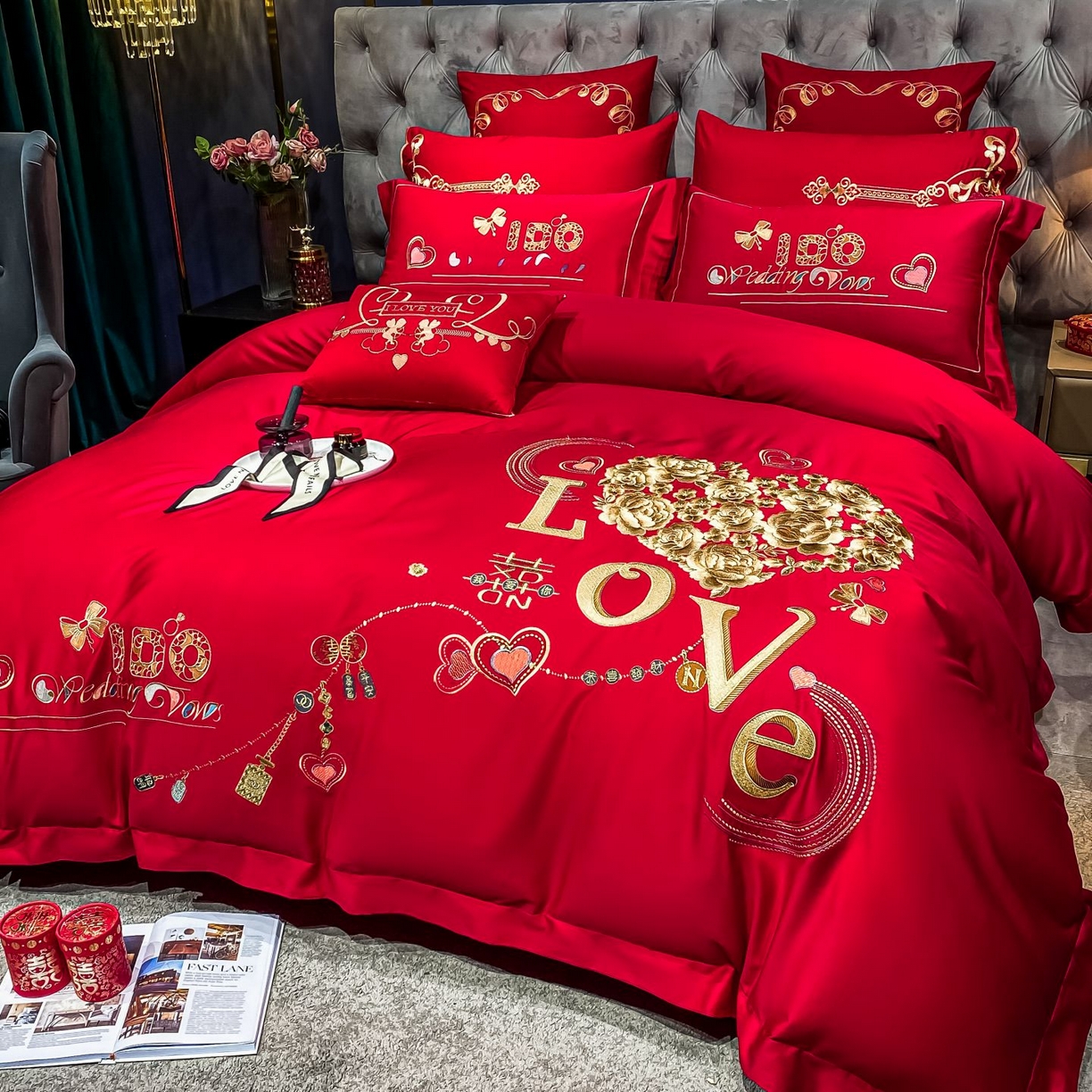 91家纺网 家纺一手货源 找家纺 甜咪咪婚庆 2026新款长绒棉全棉绣花结婚婚庆四件套多件套床单床盖款 甜蜜恋歌