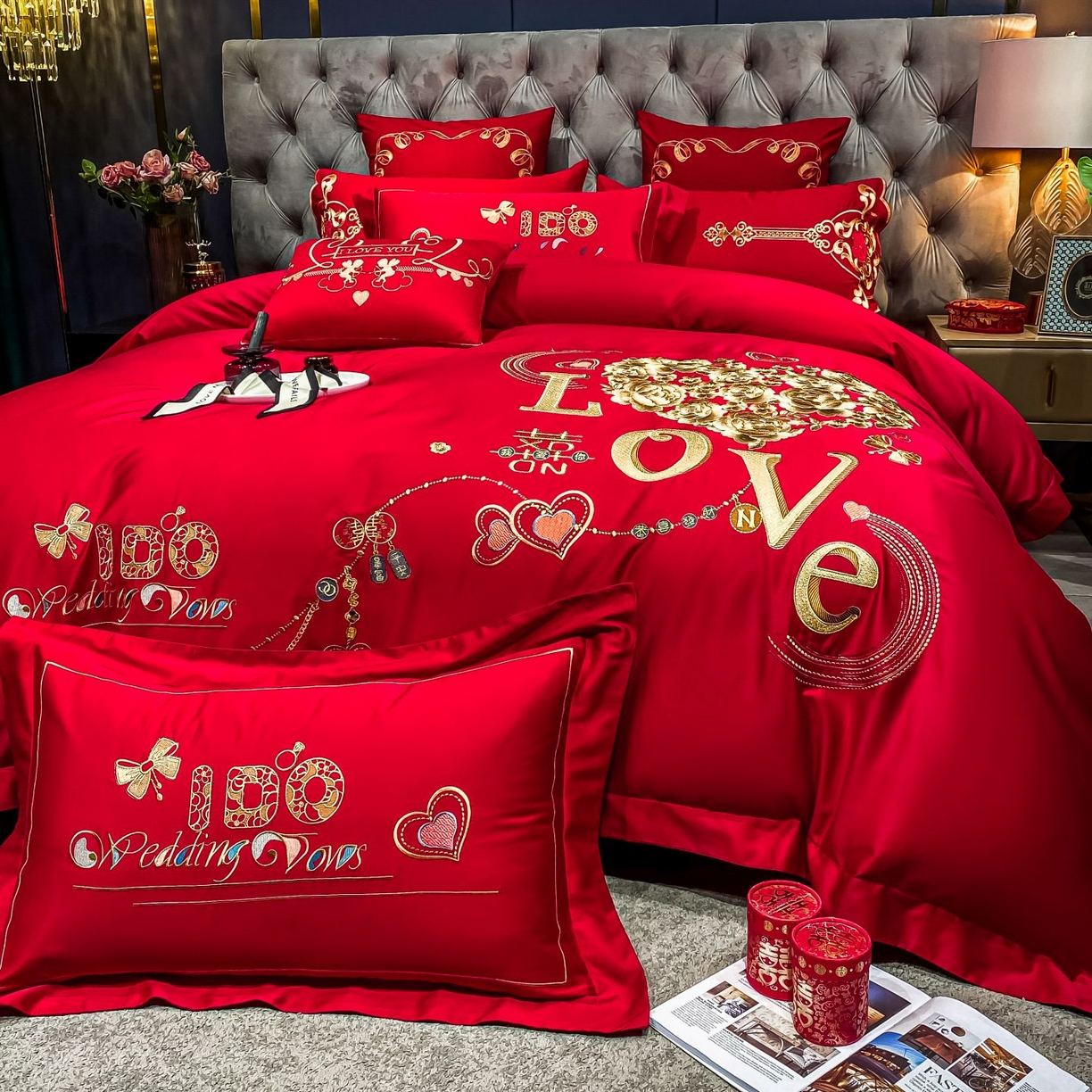 91家纺网 家纺一手货源 找家纺 甜咪咪婚庆 2026新款长绒棉全棉绣花结婚婚庆四件套多件套床单床盖款 甜蜜恋歌