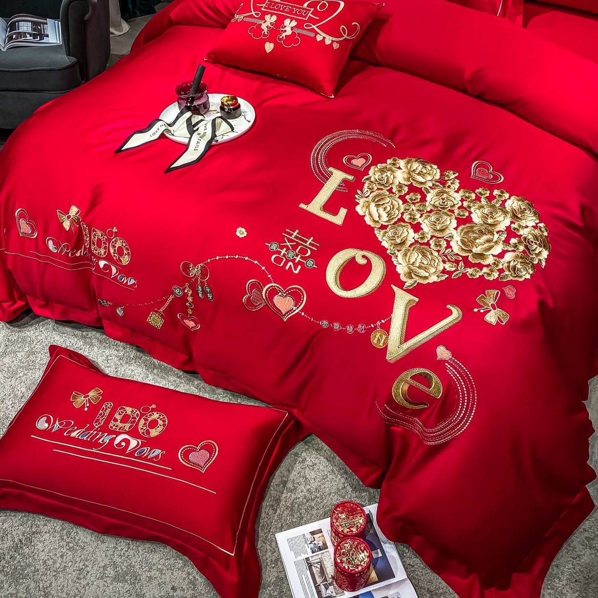 91家纺网 家纺一手货源 找家纺 甜咪咪婚庆 2026新款长绒棉全棉绣花结婚婚庆四件套多件套床单床盖款 甜蜜恋歌