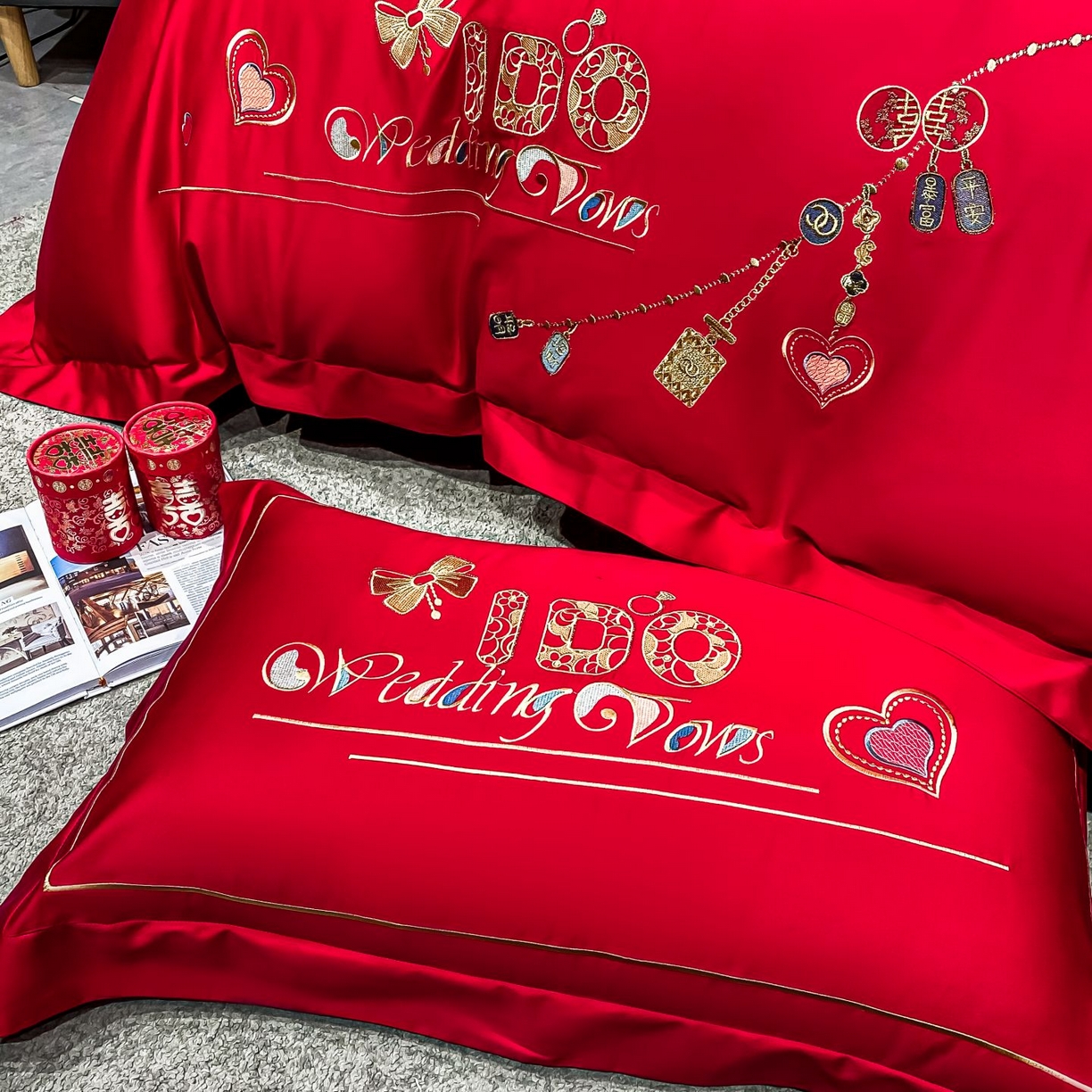 91家纺网 家纺一手货源 找家纺 甜咪咪婚庆 2026新款长绒棉全棉绣花结婚婚庆四件套多件套床单床盖款 甜蜜恋歌