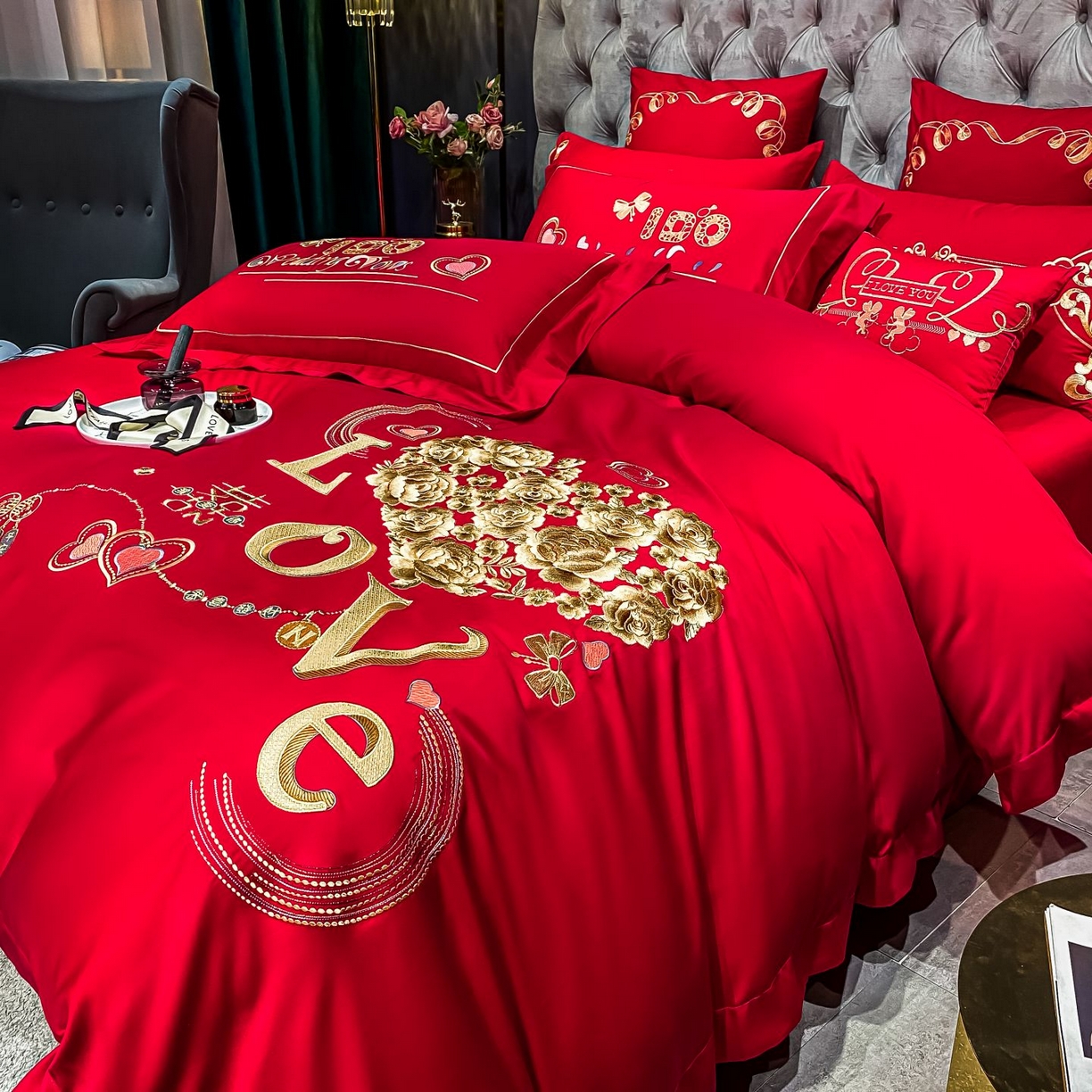 91家纺网 家纺一手货源 找家纺 甜咪咪婚庆 2026新款长绒棉全棉绣花结婚婚庆四件套多件套床单床盖款 甜蜜恋歌