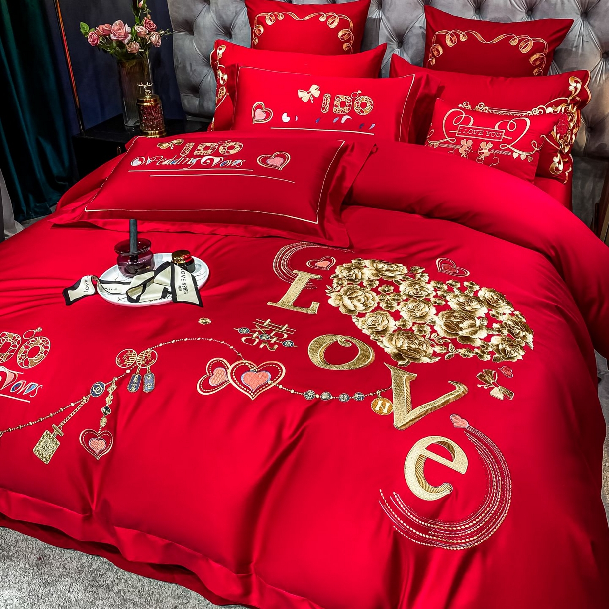 91家纺网 家纺一手货源 找家纺 甜咪咪婚庆 2026新款长绒棉全棉绣花结婚婚庆四件套多件套床单床盖款 甜蜜恋歌