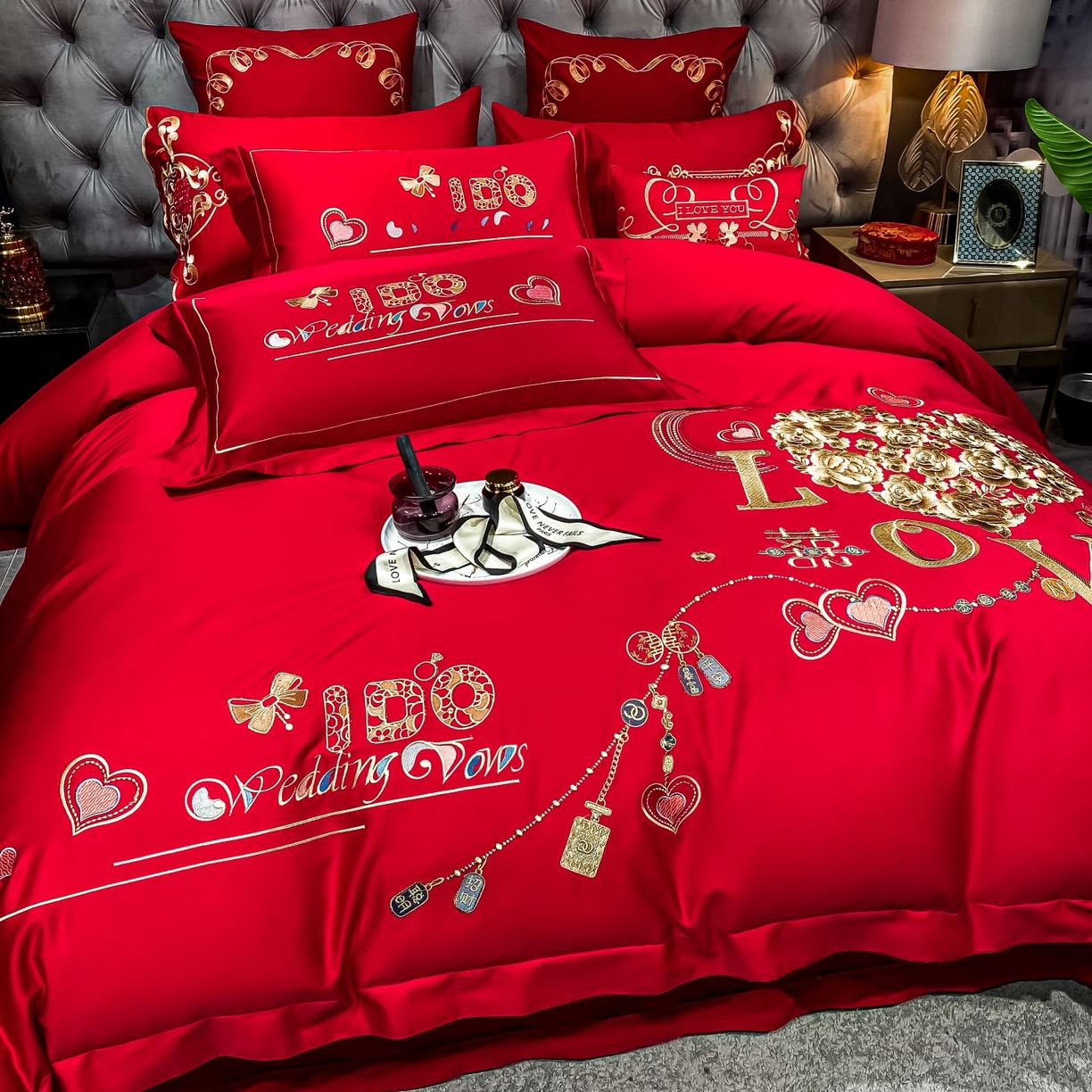 91家纺网 家纺一手货源 找家纺 甜咪咪婚庆 2026新款长绒棉全棉绣花结婚婚庆四件套多件套床单床盖款 甜蜜恋歌