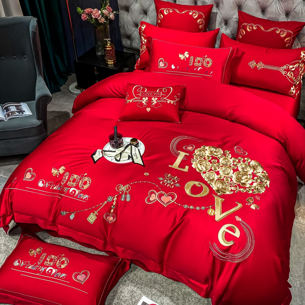 91家纺网 家纺一手货源 找家纺 甜咪咪婚庆 2026新款长绒棉全棉绣花结婚婚庆四件套多件套床单床盖款 甜蜜恋歌