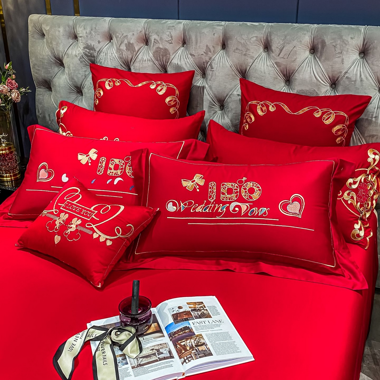 91家纺网 家纺一手货源 找家纺 甜咪咪婚庆 2026新款长绒棉全棉绣花结婚婚庆四件套多件套床单床盖款 甜蜜恋歌