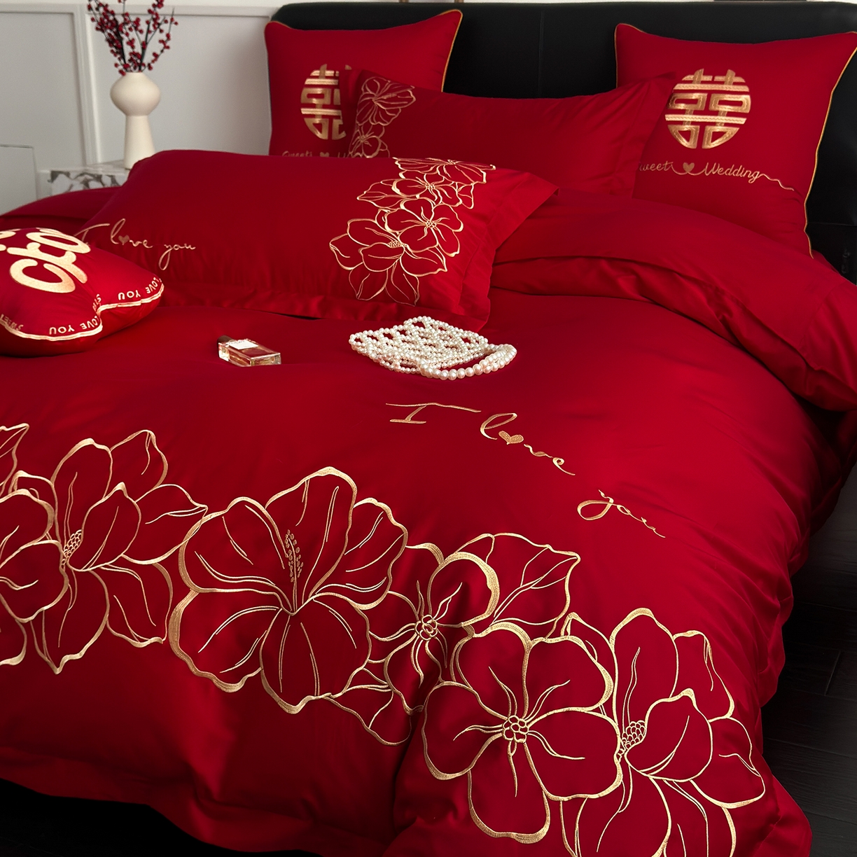 91家纺网 家纺一手货源 找家纺 甜咪咪婚庆 2026新款长绒棉全棉绣花结婚婚庆四件套多件套床单床盖款 甜蜜约定